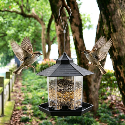 Petite mangeoire suspendue pour oiseaux sauvages, nichoir en forme de maisonnette, anti-écureuils, pour jardin ou terrasse, noire.