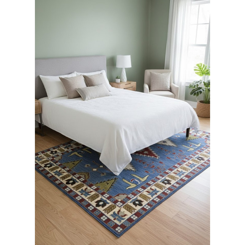 Tapis géométrique bleu fait à la main 6 x 9 Kazak