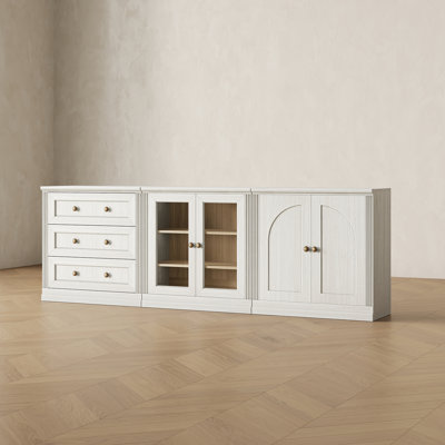 Buffet modulaire moderne Monos avec caisson à tiroirs, meuble à portes vitrées en acrylique et meuble bas à portes cintrées, blanc