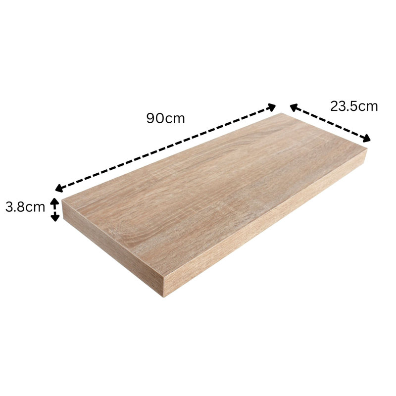 Floating Shelf Wall Shelf Kit, Foiled Finish, Oak, 4cm H x 90cm W x 24cm D