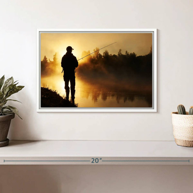 Pêche sur une berge brumeuse, Cadre flottant blanc, 13 po x 9 po