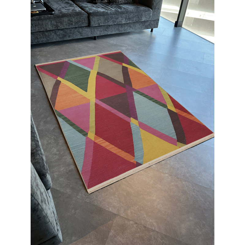 Tapis décoratif multicolore à motif géométrique triangulaire, Rectangle 4 pi 11,06 po x 7 pi 6,55 po