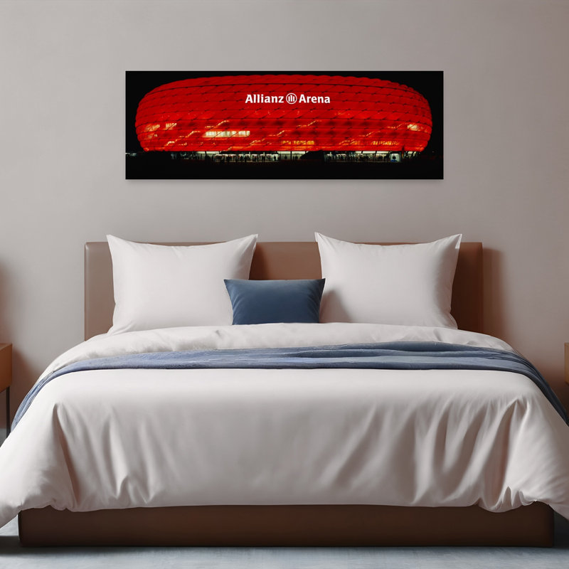 Soccer Stadium Lit Up At Night Allianz Arena Munich Germany by Peter Weld - Wrapped Canvas Panoramic Print