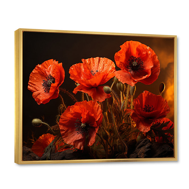 Art floral sur toile coquelicot, impression de champ de fleurs rouges - Champ de coquelicots rouges III, Cadre flottant doré