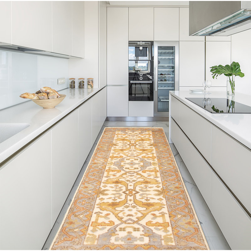 Tapis de couloir en Tapis décoratif laine noué à la main de conception unique noué à la main New Age 2 pi 7 po x 7 pi 9 po Ivoire/gris clair