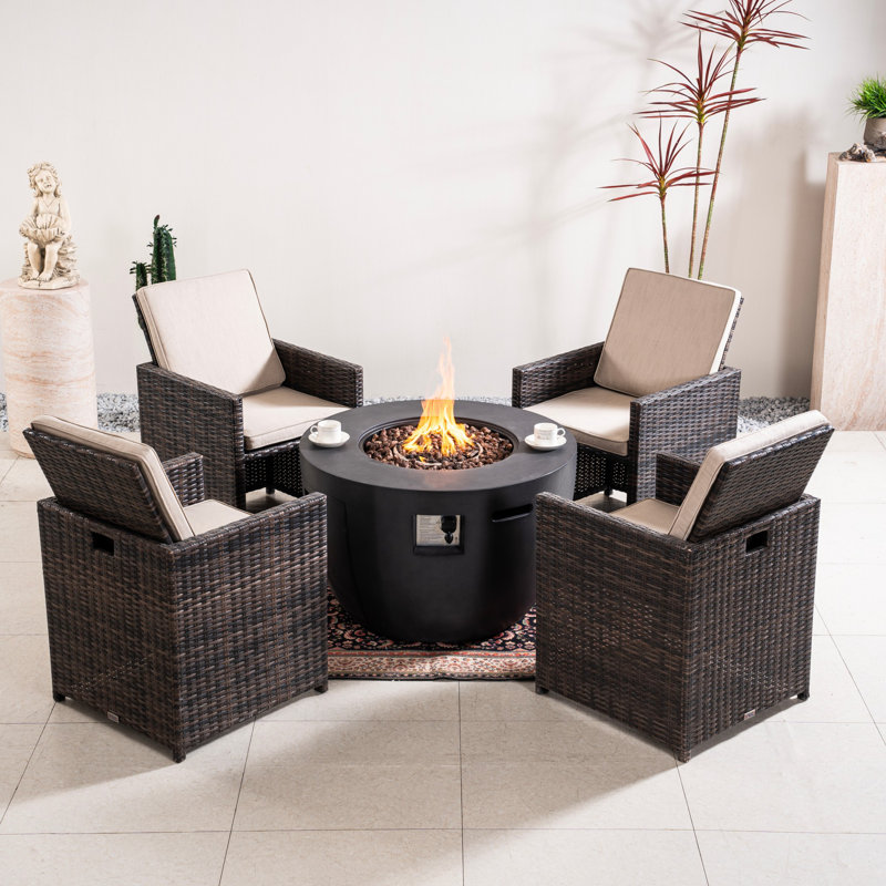 Ensemble de conversation extérieur pour 4 personnes avec table foyer, Beige, Brun