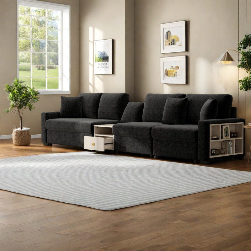 Canapé moderne en chenille noir avec rangement multifonctionnel, idéal pour la maison