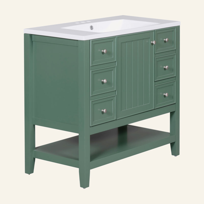 Meuble-lavabo 36 po avec lavabo intégré | 1 armoire et 3 tiroirs pour un grand rangement | Fabrication en bois massif résistant à l'eau et en panneau de fibres à densité moyenne | Organisateur de salle de bain moderne pour articles de toilette et li