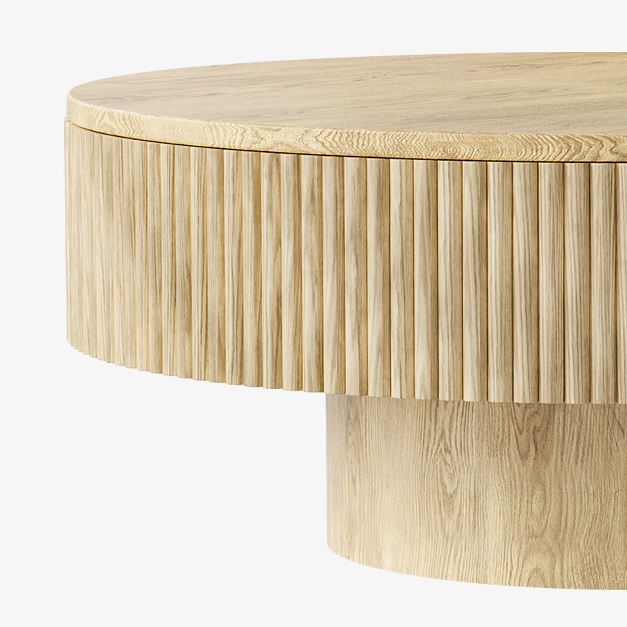Chibuzor Pedestal Round Coffee Table, Handcrafted Solid Wood Fluted Design