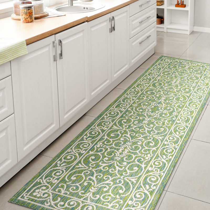 Debbe Vintage Filigree Textured Weave Green/Ivory Indoor/Outdoor Rug, Runner 2'2" x 10'