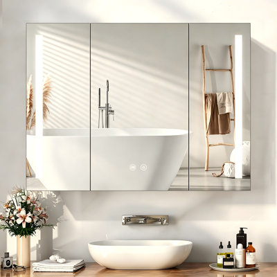 Armoire à pharmacie à DEL avec miroir de salle de bain avec lumières, antibuée, à intensité variable, éclairage 3 couleurs, armoire à pharmacie murale avec lumières et miroir, 3 portes, noir