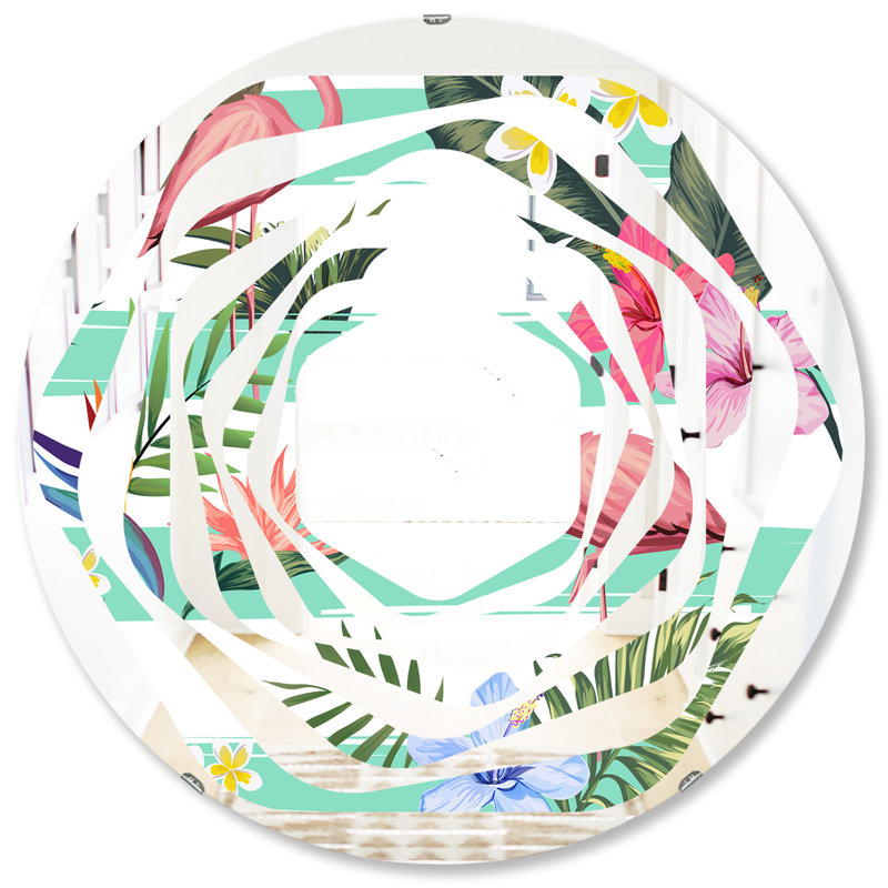 Miroir mural Whirl Coastal, H 31,5 po x l 31,5 po, Whirl Tropical Botanicals Flowers and Flamingo