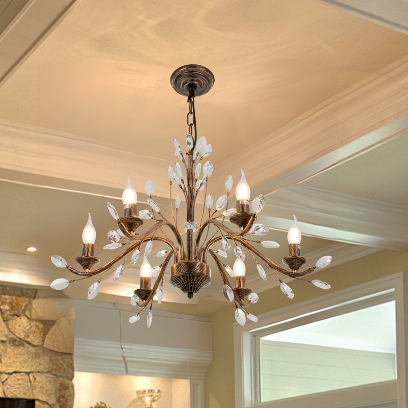Lustre rétro en cristal 6 lumières avec bougie dorée