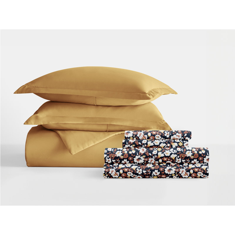8-Piece Bedding Bundle - Solid Duvet Cover, Comforter Insert, and Patterned Sheet Set, Gold Floral, King Bedding Bundle