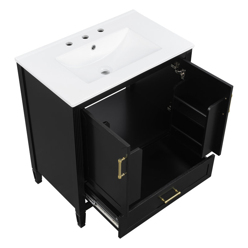 Meuble-lavabo cannelé élégant de 30 po avec lavabo en céramique, boîte simple, pieds en bois massif, portes et tiroir à fermeture en douceur, tablette de porte