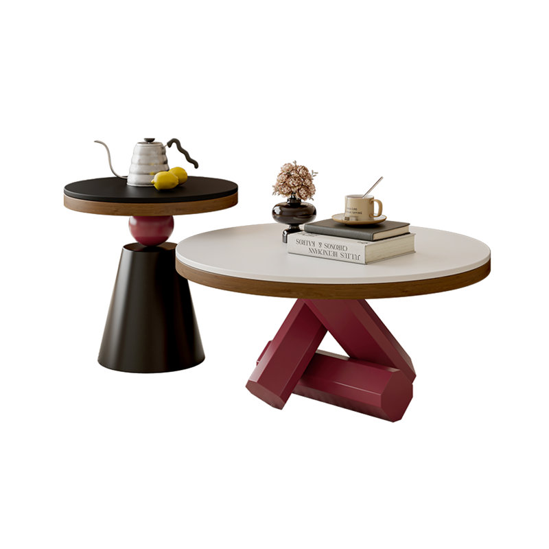 Ensemble de table basse ronde de luxe moderne, piètement géométrique en croix artistique avec plateau en pierre frittée