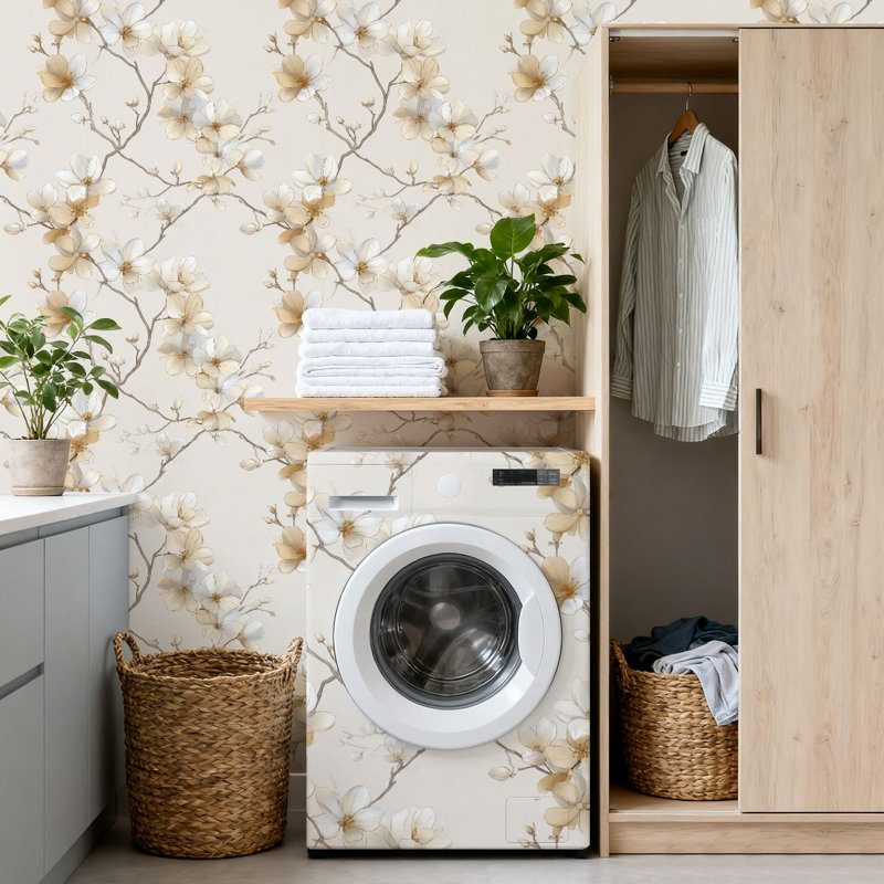 Peler et coller le papier peint adhésif décoratif blanc auto-adhésif de branche de fleur de magnolia beige et blanc pour les armoires de cuisine de chambre à coucher 24 po x 118 po