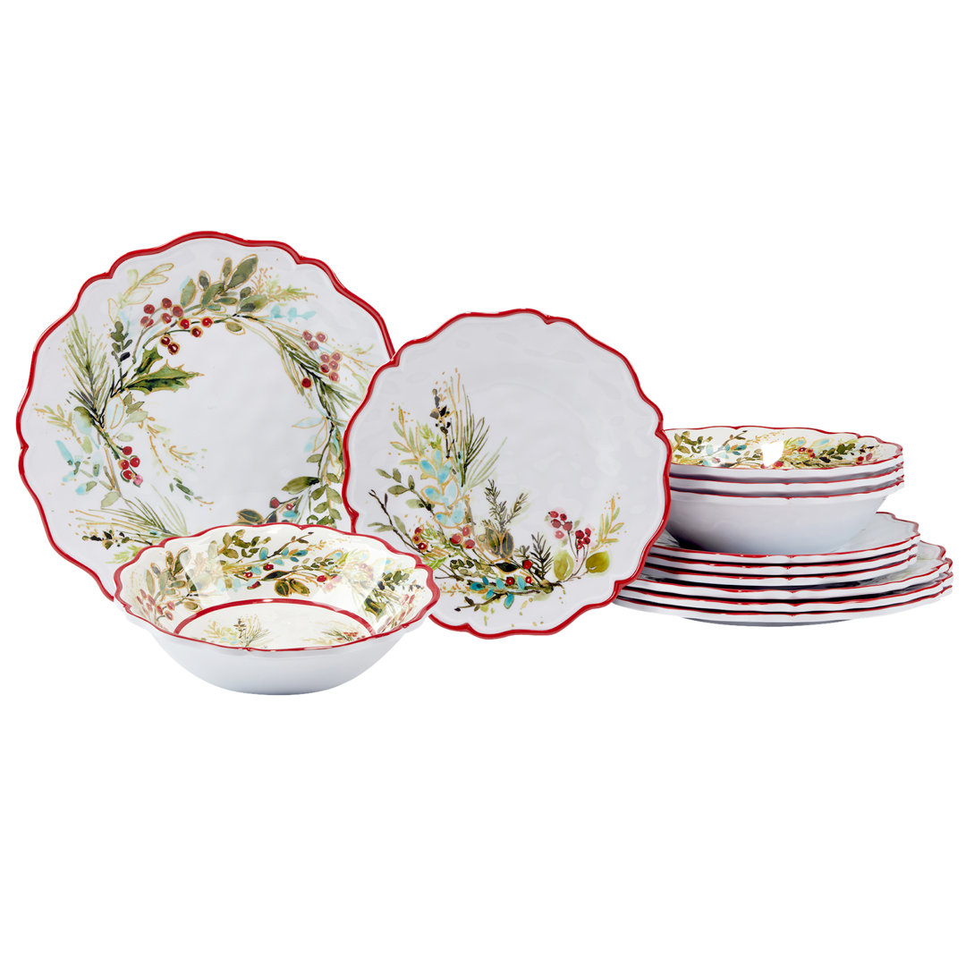 Christmas Gatherings 12pc Melamine Dware Set 4-Dinner Plate 11" 4-Salad Plate 9" 4-Bowl 8.5" x 2" (Set of 12) Certified International