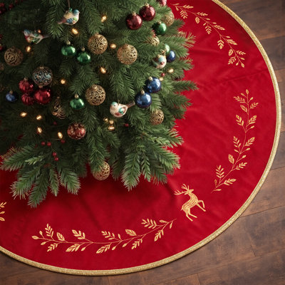 Jupe de sapin de Noël de 152 cm (60 pouces), grande jupe de sapin en velours rouge avec broderie dorée, jupe de sapin vintage avec fermeture autoagrippante pour sapins de 2,13 m (7 pieds), 2,29 m (7 pieds 5 pouces) et 2,44 m (8 pieds), décorations de Noël pour le salon.
