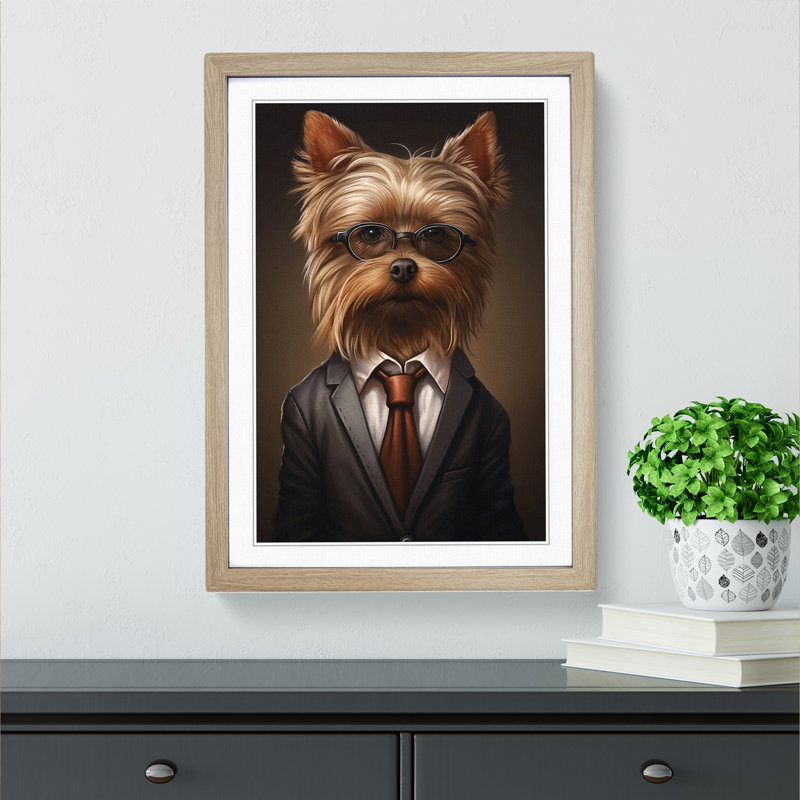 XYZ-FRM-V1223-1719 Yorkshire Terrier In A Suit Painting - Single Picture Frame Print on Wood, 46cm H x 34cm W x 2cm D, Oak