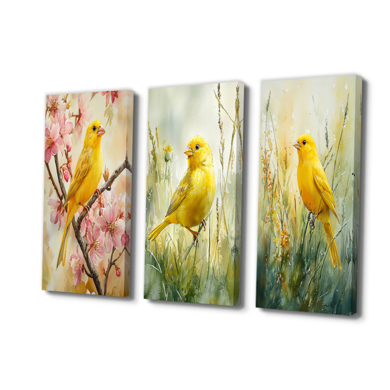 Oiseau canari dans les fleurs I - Collection moderne de reproductions sur toile, H 28 po x l 36 po, Toile tendue