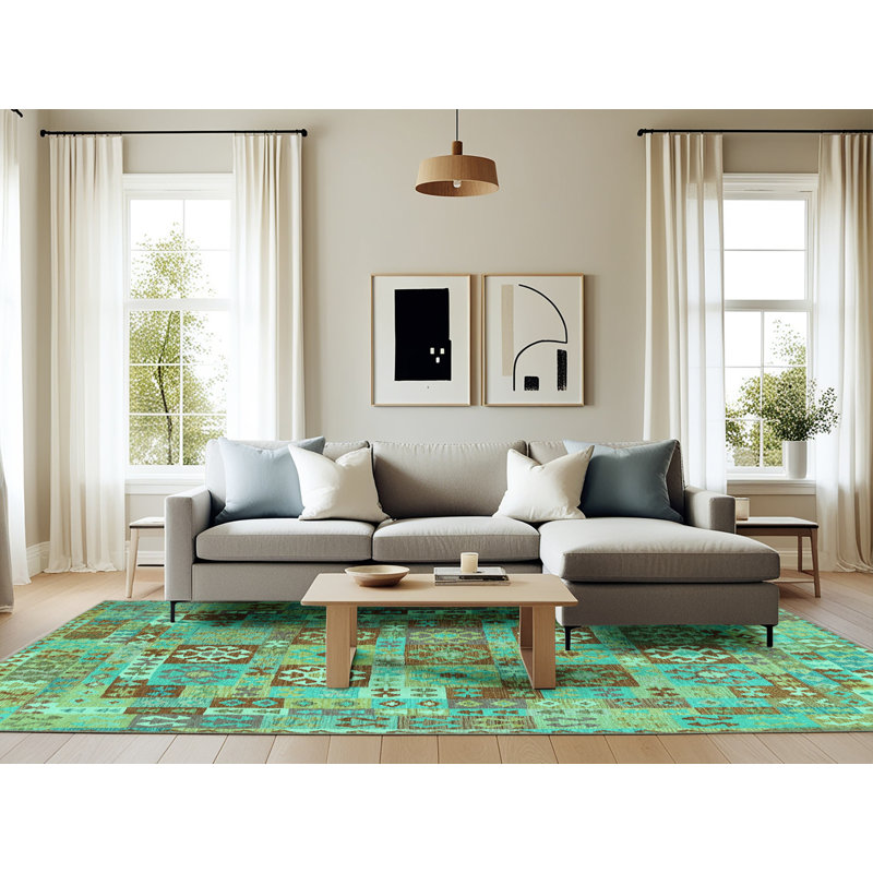 Tapis bleu / vert en laine et en polyester 6 pi x 9 pi Southwestern