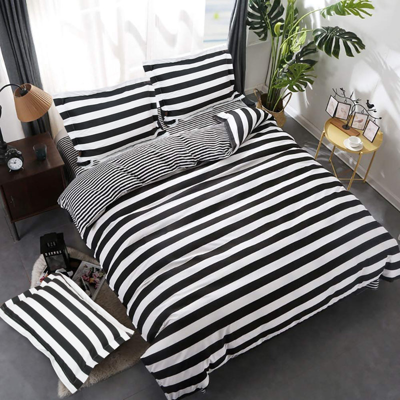 3 Pieces Duvet Cover Set, Brushed Microfiber Zipper Comforter Cover, Black and White Striped Printed - NTBAY, Queen
