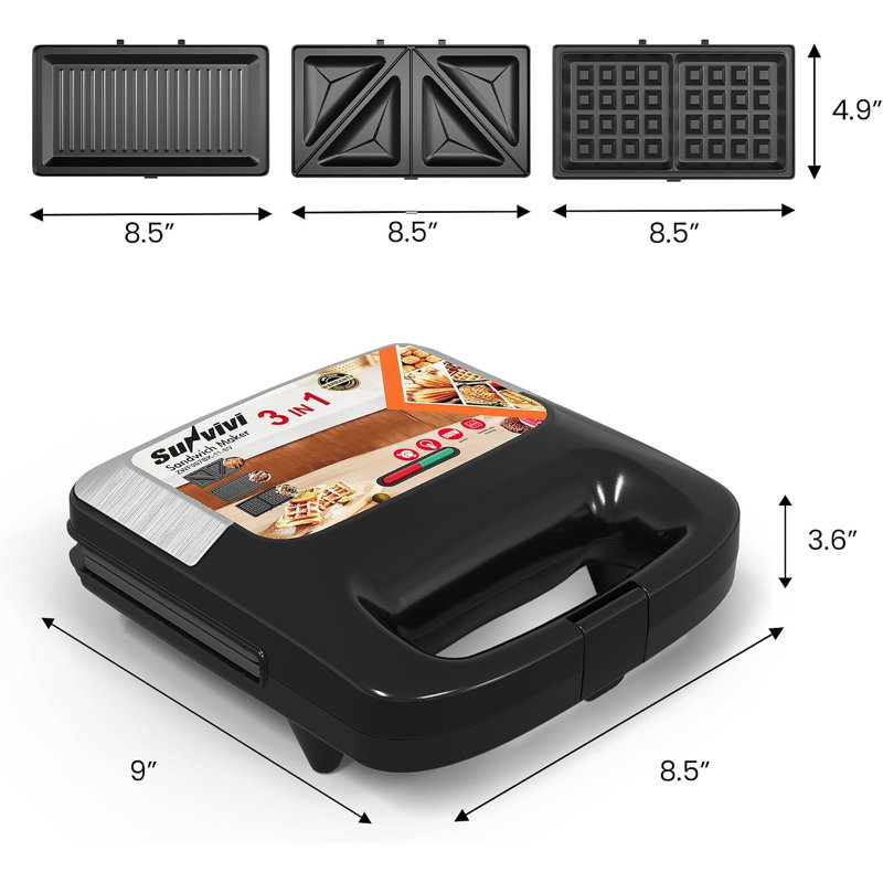 Appareil à sandwichs et gaufres compact 3 en 1, presse à panini électrique multiplaques avec surface en verre personnalisable - 800 W, argent