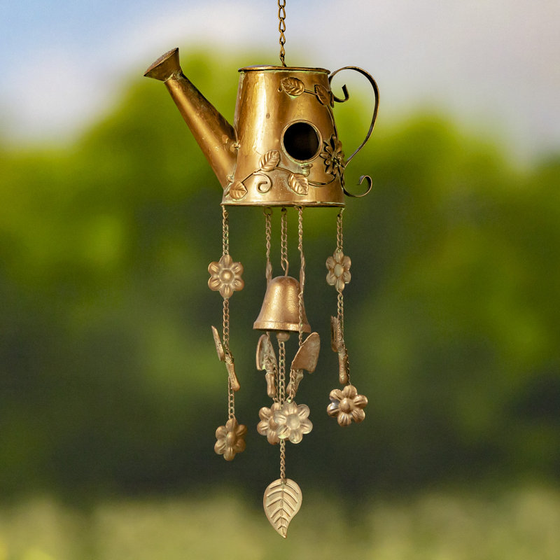 Julio Bronze Metal Birdhouse Wind Chime with Floral Accents