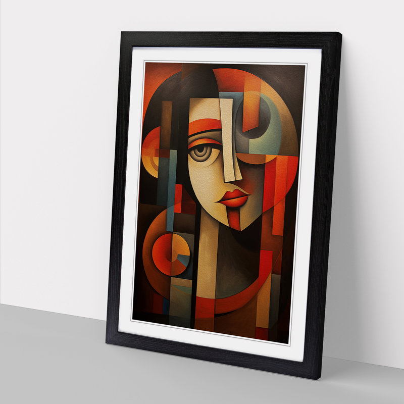 Indian Woman Cubism No.4 - Single Picture Frame Print on Wood, 64cm H x 46cm W x 2cm D, Black