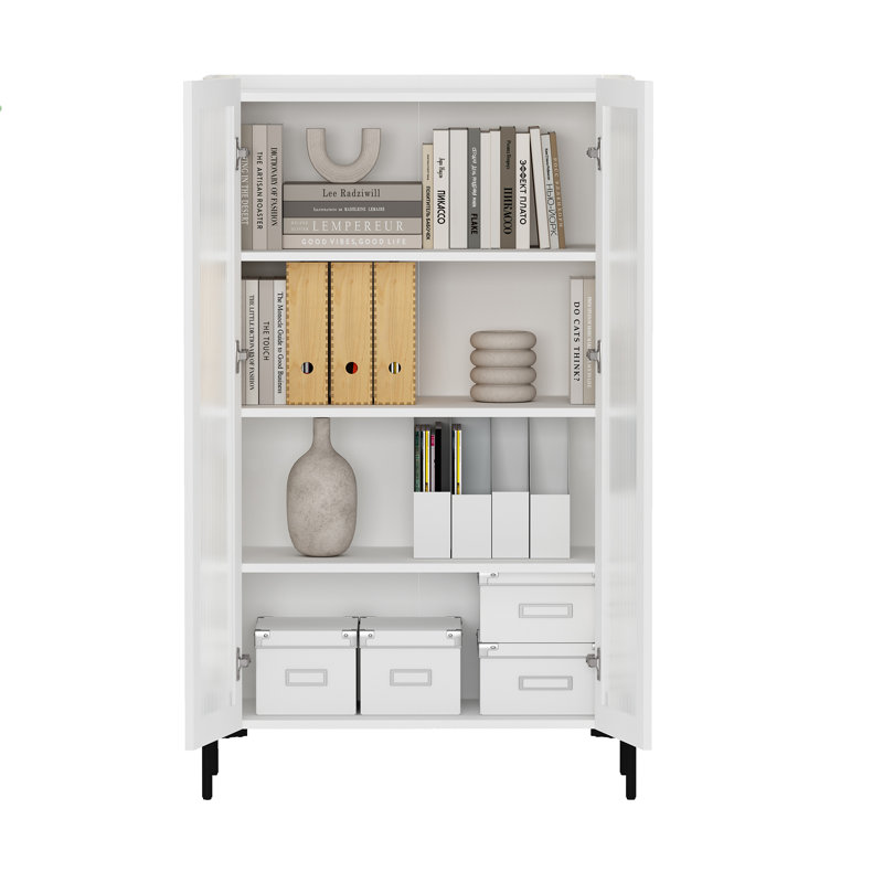 Abbey Modern Tempered Glass Bookcase Cabinet with Adjustable Shelves in White, White