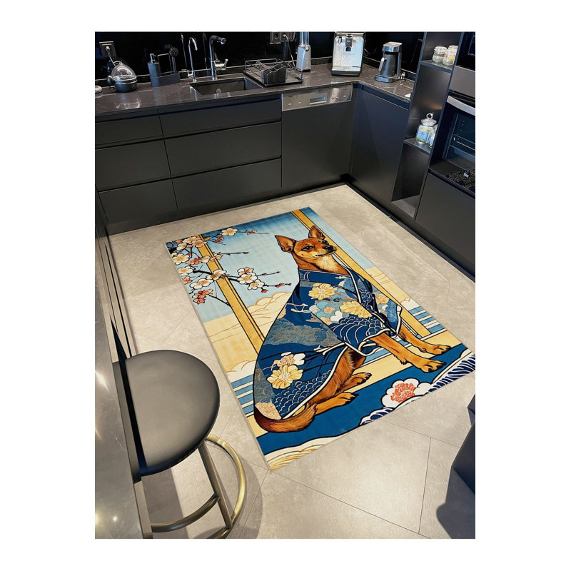 Tapis décoratif lavable à motif de fleurs et de chiens Sakura, Tapis de couloir 3 pi 3 po x 6 pi 7 po inclus