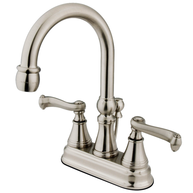 Kingston Brass Royale Two-Handle 3-Hole Deck Mount 4" Centerset Bathroom Faucet with Brass Pop-Up, Brushed Nickel