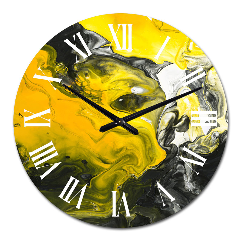 Jaune jaune noir et blanc liquide Art III - horloge murale moderne, Médium