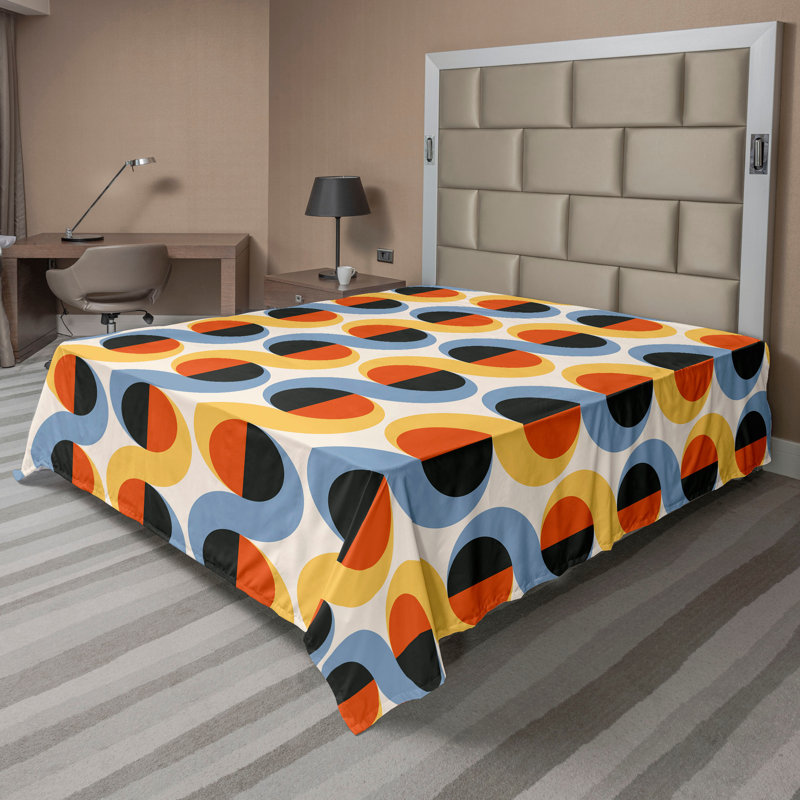 Ambesonne Flowers Flat Sheet Nostalgia Farmhouse, Orange Blue Earth Yellow