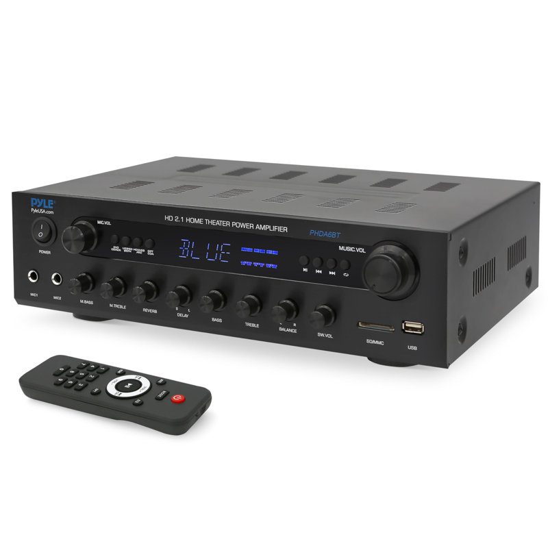 Pyle 400W Stereo Amplifier Receiver - BT Home Audio Amplifier With USB/SD Readers, FM Radio, 3.5Mm Aux, Phono, Optical & Coaxial Inputs, LED Display, Mic Inputs, Built-In 2 In 1 HDMI Switch