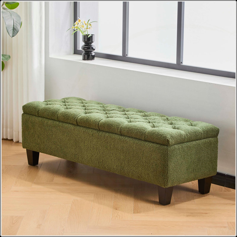 Stylish Green Boucle Ottoman Bench with Ample Storage and Durable Rubber Wood Legs, 300 lbs Capacity, Green