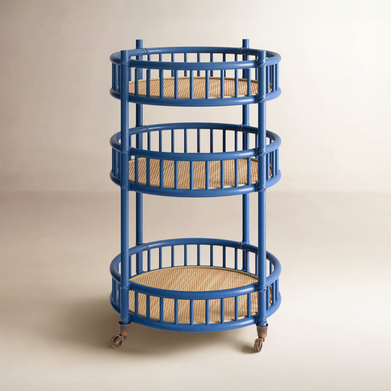 Benedict Verandah Handmade Cane and Rattan Bar Cart with Brass Casters in Blue, Blue