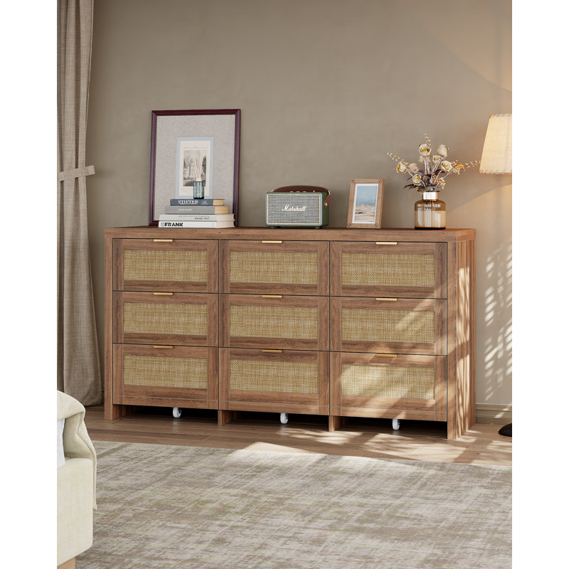 Commode 9 tiroirs en rotin avec roulettes, noyer