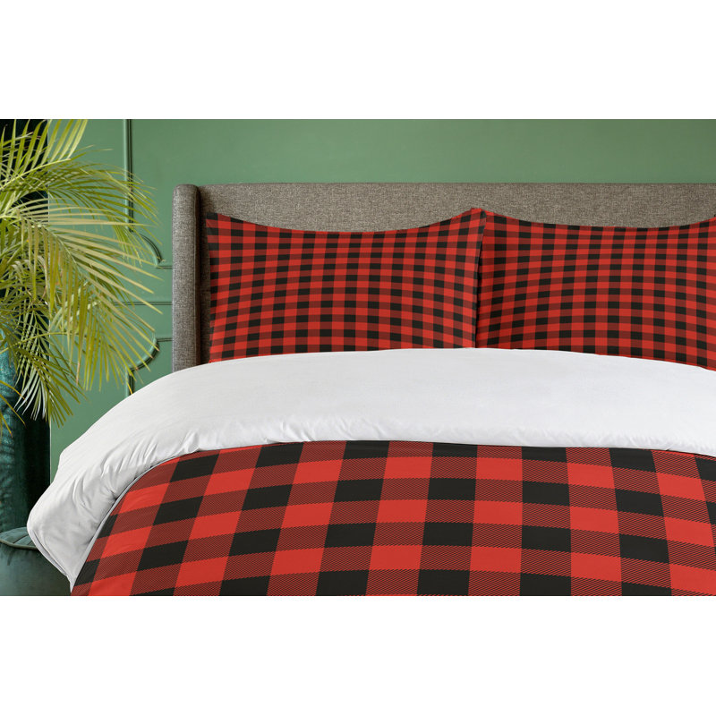 King Size Red and Black Plaid Microfiber Duvet Cover Set
