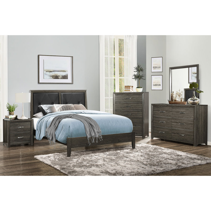 Lit gris foncé avec bouton moderne en similicuir - tête de lit et structure en bois avec cadre en bois massif chic