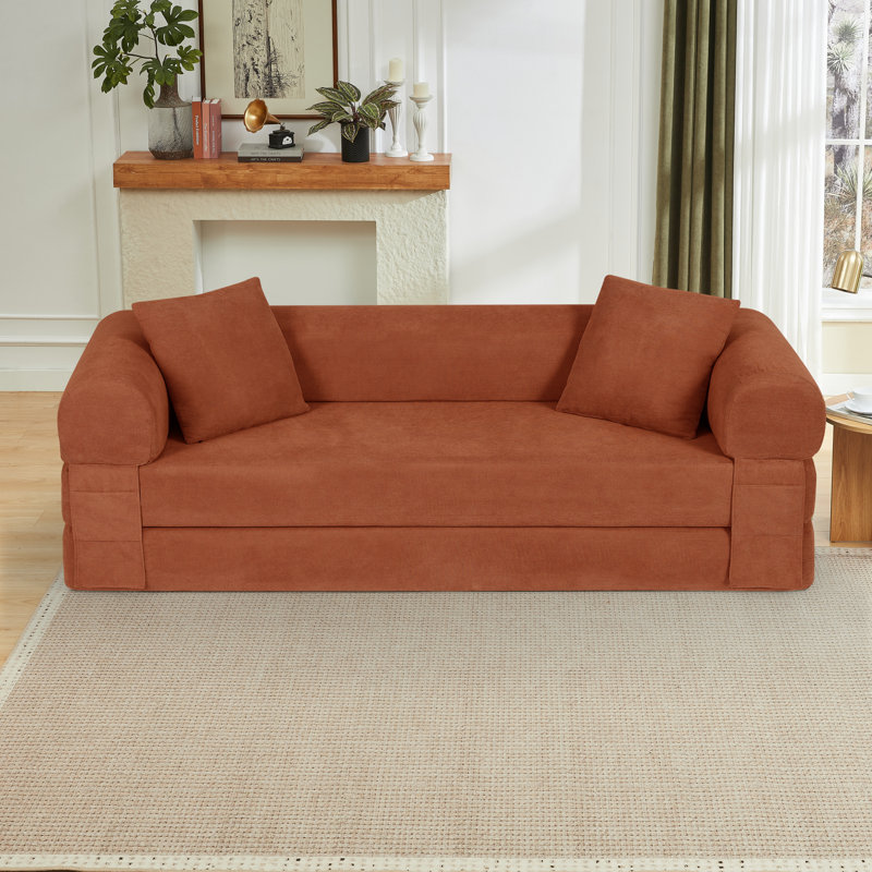80" Queen-Size Futon Sofa Bed Foldable Couch Bed With 2 Pillows - No Assembly Required, Orange