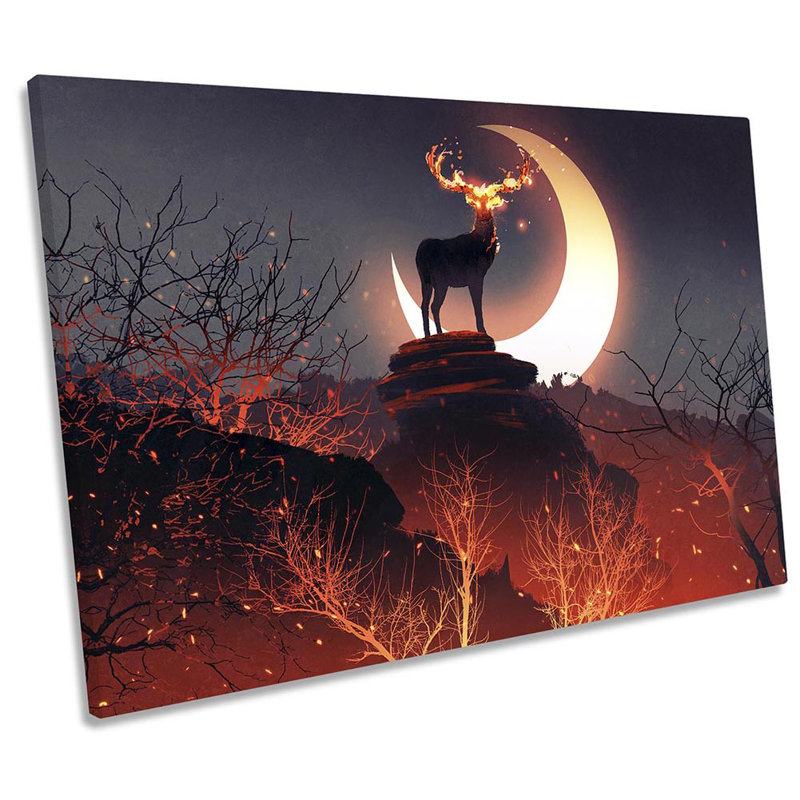 Stag Deer Moon Landscape - Wrapped Canvas Print, 30.5cm H x 45.7cm W x 2cm D