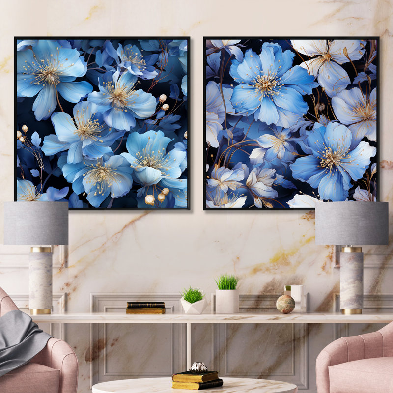 Earnhardt - Ensemble de 2 collages floraux carrés, Cadre flottant noir, H 16 po x l 33 po