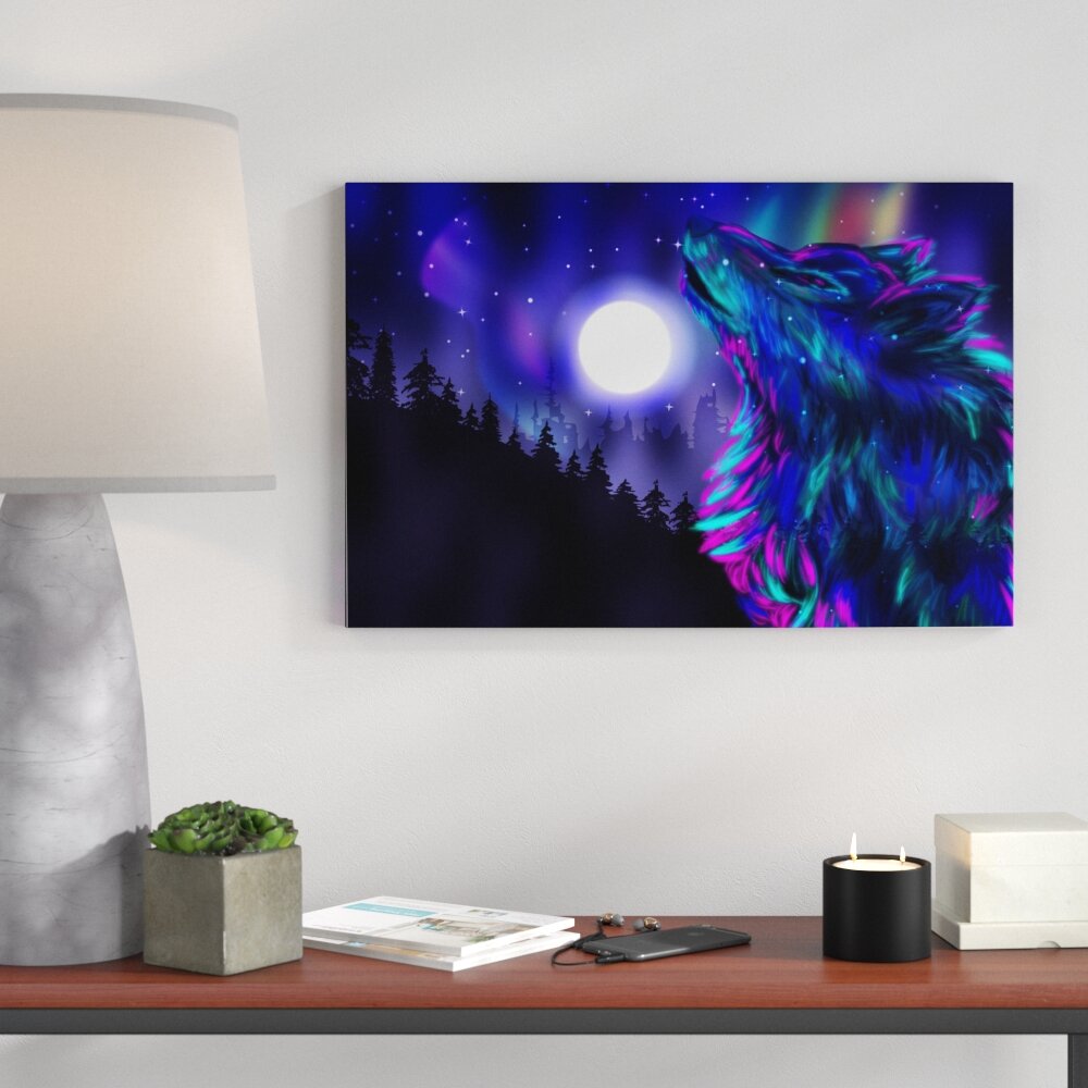 Leinwandbild ,,Abstrakter Wolf mit Mond", Grafikdruck