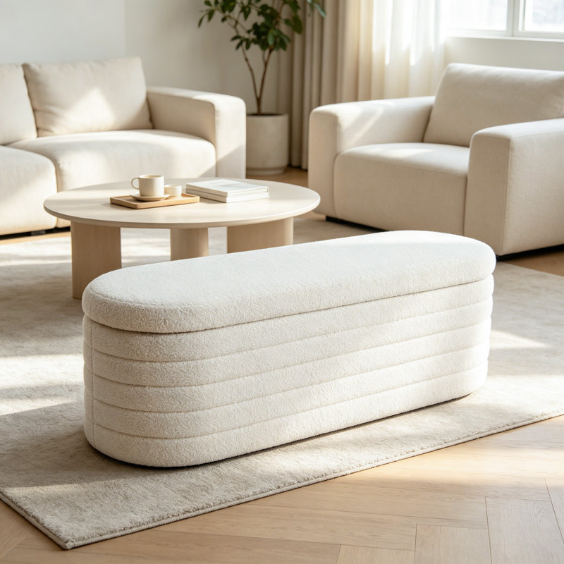 Matt Upholstered 45.5" Teddy Fabric Fluffy Faux Fur Flip Top Storage Bench, White