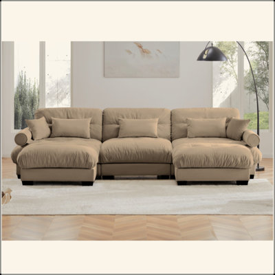 U Shape Modular Sectional Sofa Couch With Two Movable Ottomans, Modern 3 Seat Corner Sofa With Waist Pillows, Throw Pillows And Blostered Armrests, Convertible L Shaped Couch For Living Room