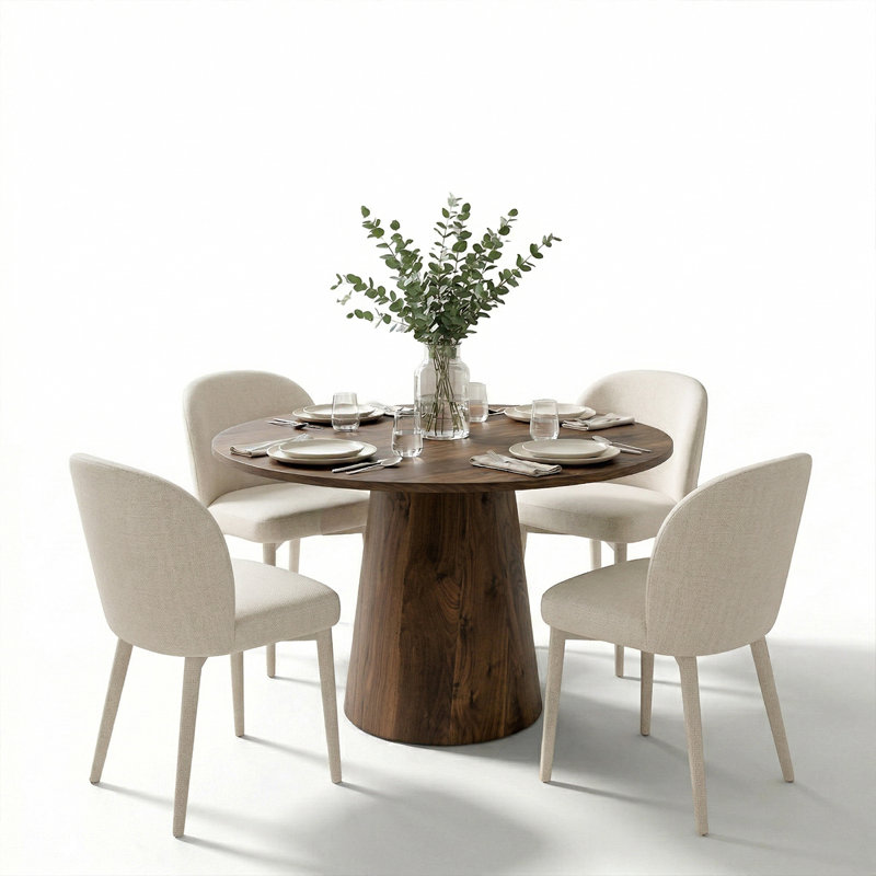 Modern Round Dining Table Set With Upholstered Chenille Dining Chairs, Pedestal Kitchen Table Set For 4, White
