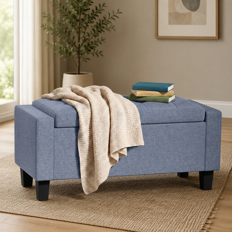 Banc ottoman de rangement en tissu capitonné avec accoudoirs et pieds en bois, Gris foncé