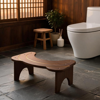 Bamboo Toilet Stool – 7" Ergonomic Footstool with Non-Slip Surface – Space-Saving Cat Ear Design, Natural Wood – for Better Bathroom Posture - Brown